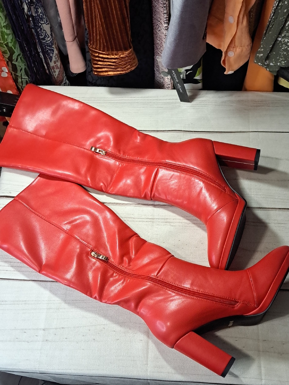 Red Knee-High Block Heel Boots - Women - Picture 2 of 6